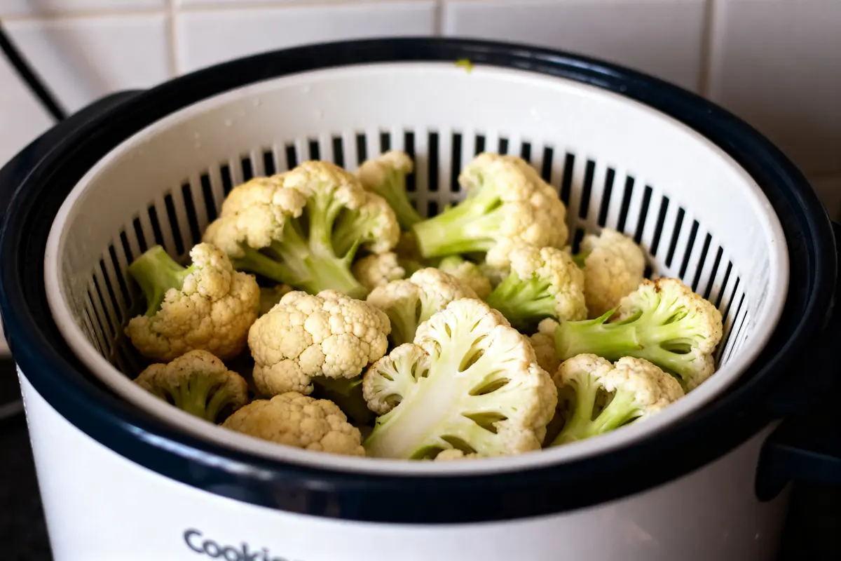 Fleurets de chou-fleur prĂŞts pour la cuisson du chou-fleur vapeur au Cookeo