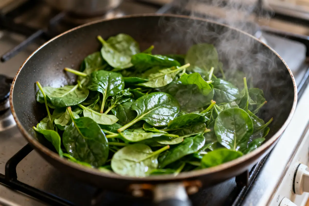 Feuilles d’épinard frais en cuisson vapeur dans une poêle sur cuisinière chaude