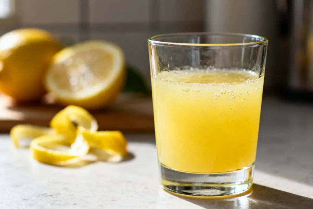 Verre de limoncello pétillant sur table, citrons frais en arrière-plan, degrés du limoncello importants