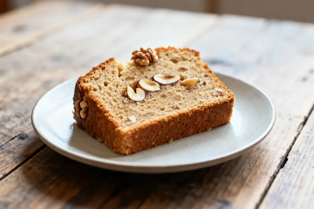 Tranche de gâteau aux noix décorée d'amandes sur assiette en céramique