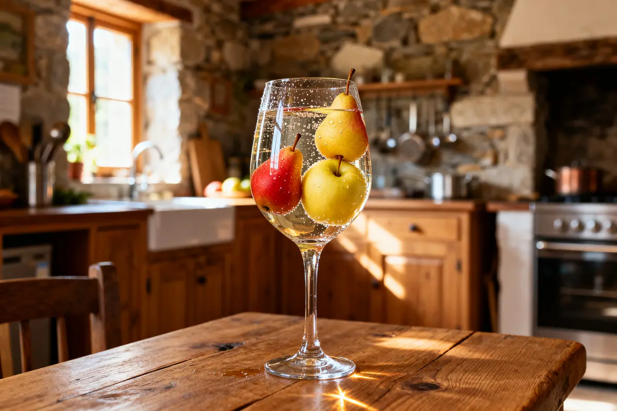 Verre de godinette dans cuisine ensoleillée avec deux poires flottantes