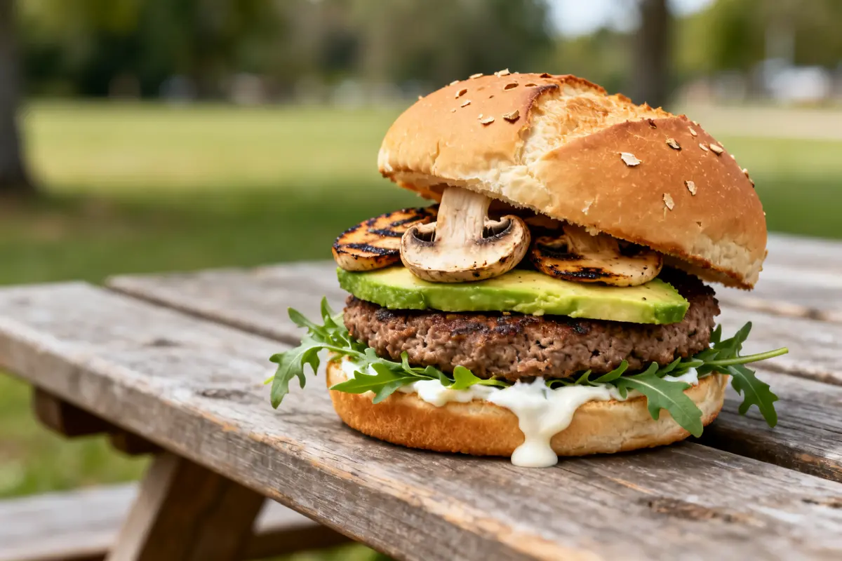 Hamburger California avec avocat, champignons grillés et roquette sur table de pique-nique boisée