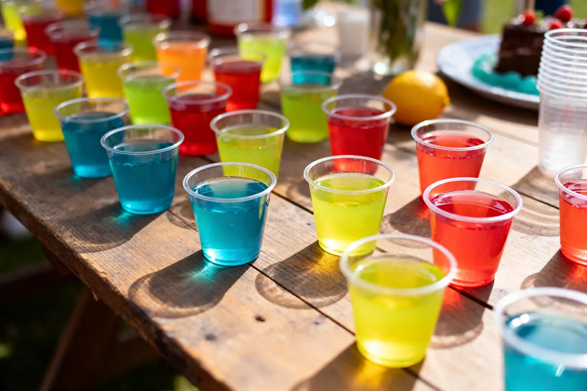 Verres multicolores de jello shots shooters alignés sur une table en bois extérieur