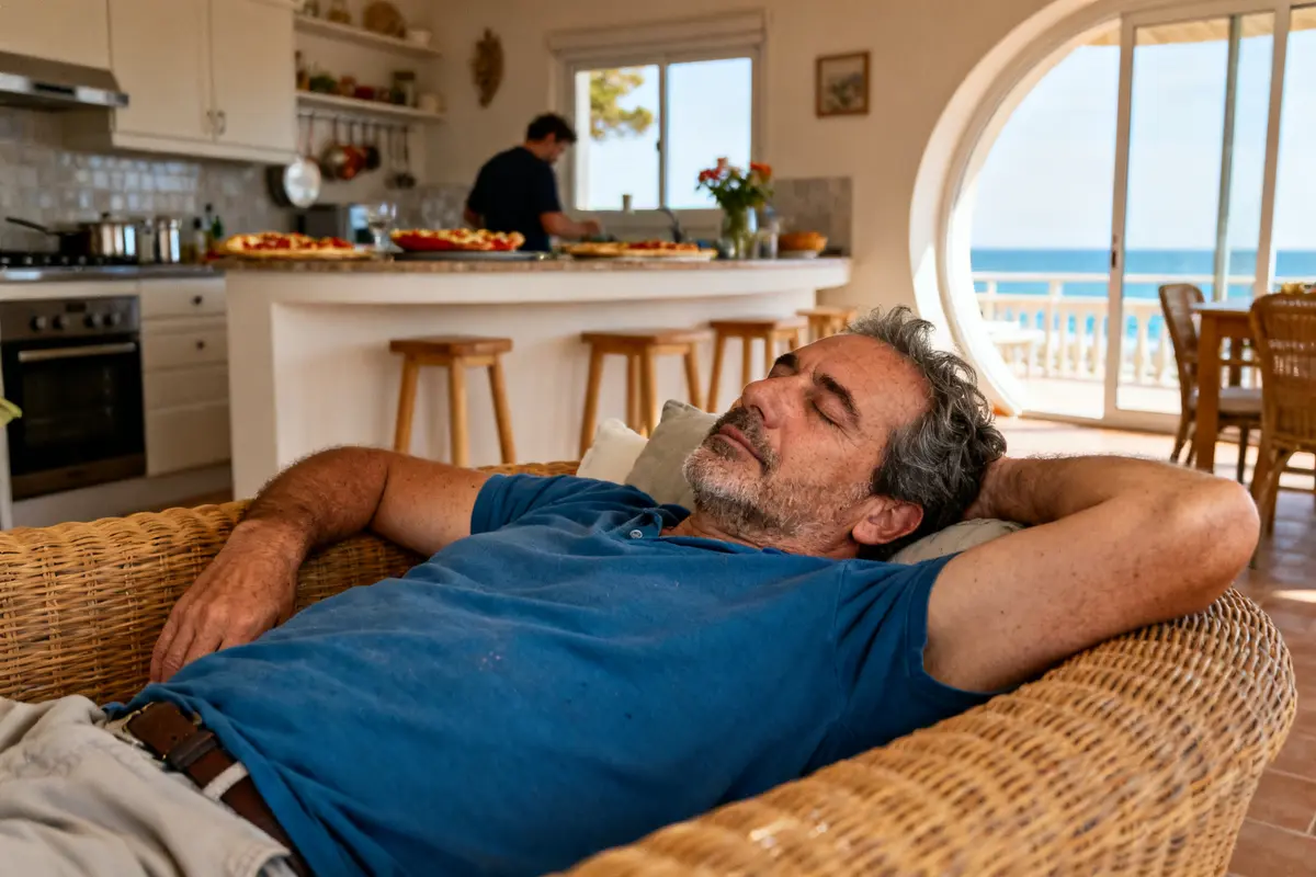 Homme se reposant dans salon bord de mer pendant la siesta Royan cuisine en arrière-plan