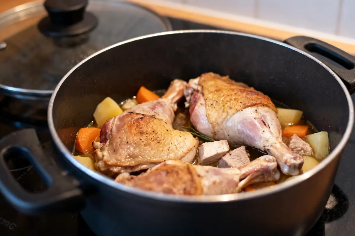 Cuisses de volaille cuisson avec légumes rappelant lapin en cocotte minute sur cuisinière