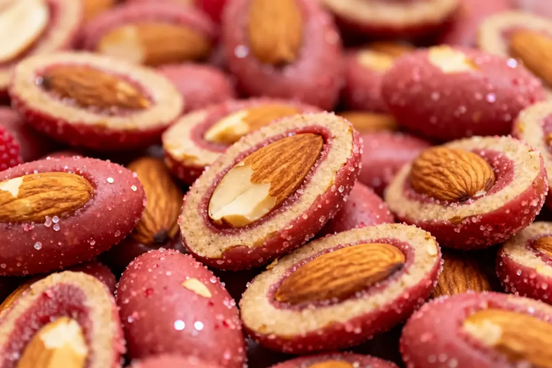 Assortiment de friandises traditionnelles roses Les Coucougnettes de Pau avec amande visible