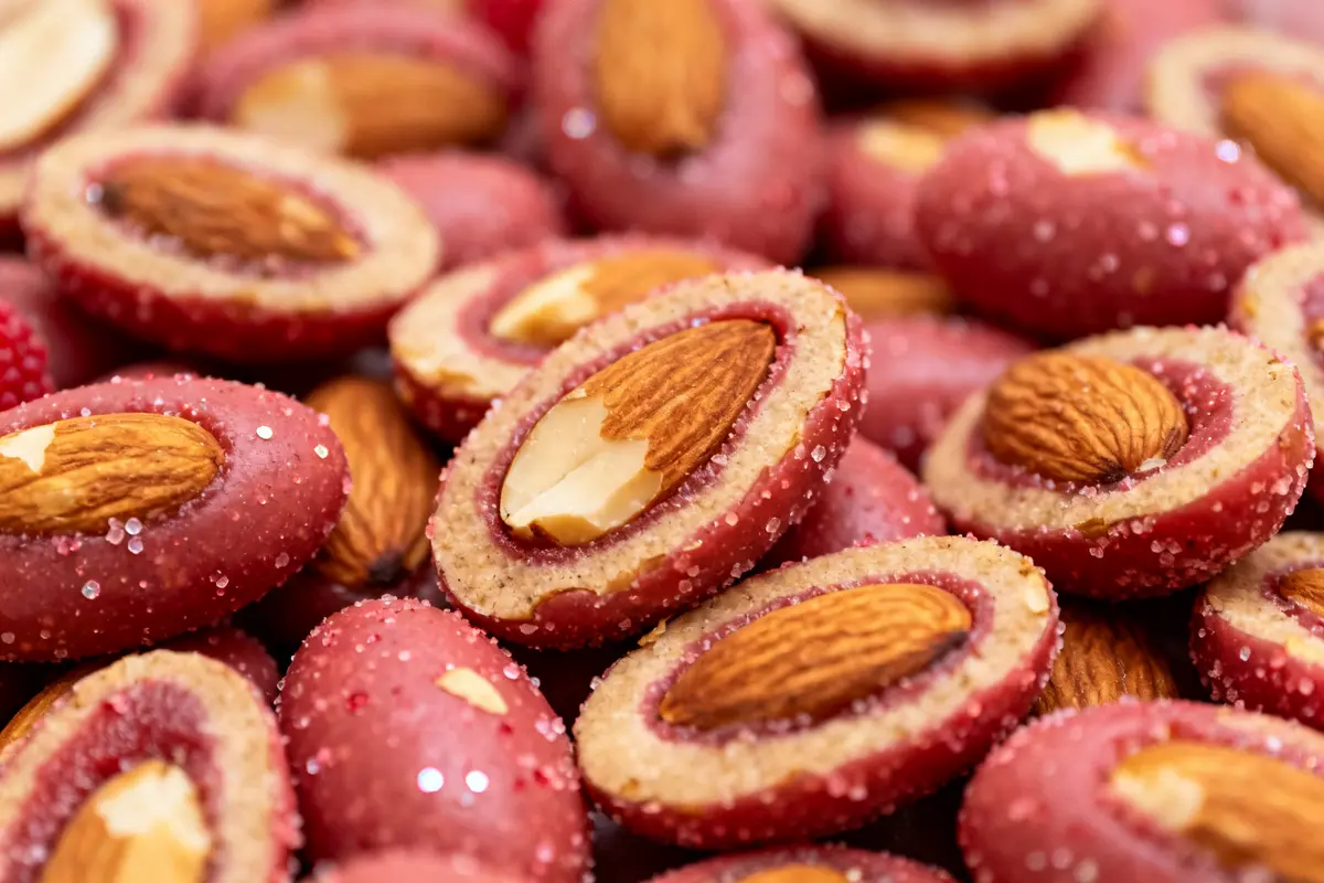 Assortiment de friandises traditionnelles roses Les Coucougnettes de Pau avec amande visible