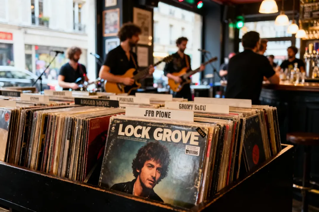 Vinyles de Lock Groove Paris dans un bar avec musiciens en arrière-plan