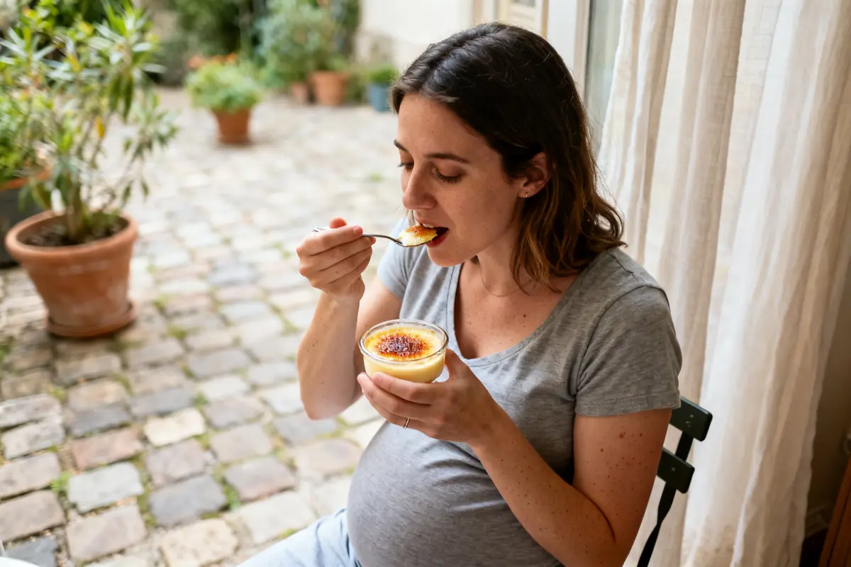 Femme enceinte mangeant de la crème brûlée dans un jardin paisible matin d'automne