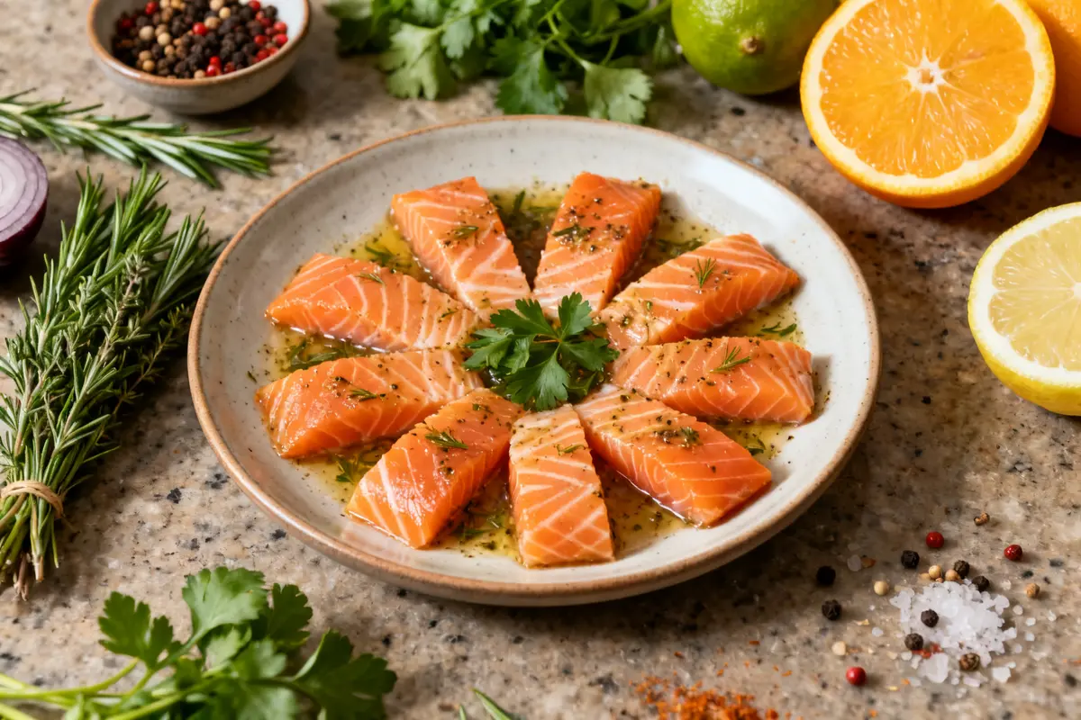 Tranches de saumon assaisonnées, marinade saumon, agrumes et herbes fraîches sur assiette blanche