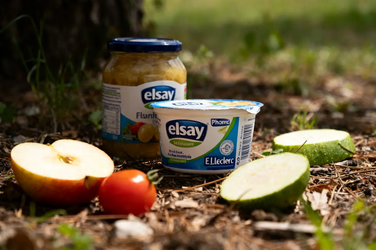Produits alimentaires marque elsay avec fruits frais sous un arbre en plein air