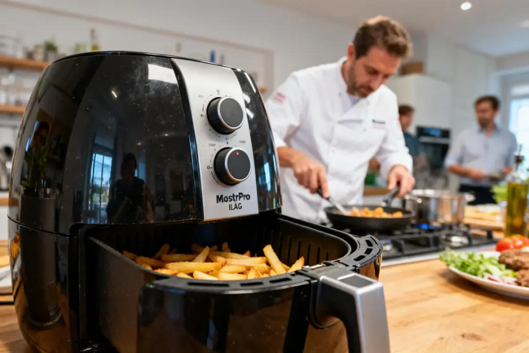 Un chef cuisine avec une friteuse MasterPro Thierry Marx avis dans une cuisine moderne