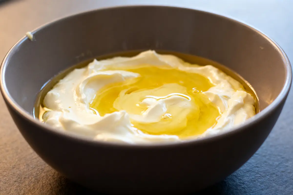 Bol de mayonnaise sans moutarde avec huile d'olive servant de garniture dorée