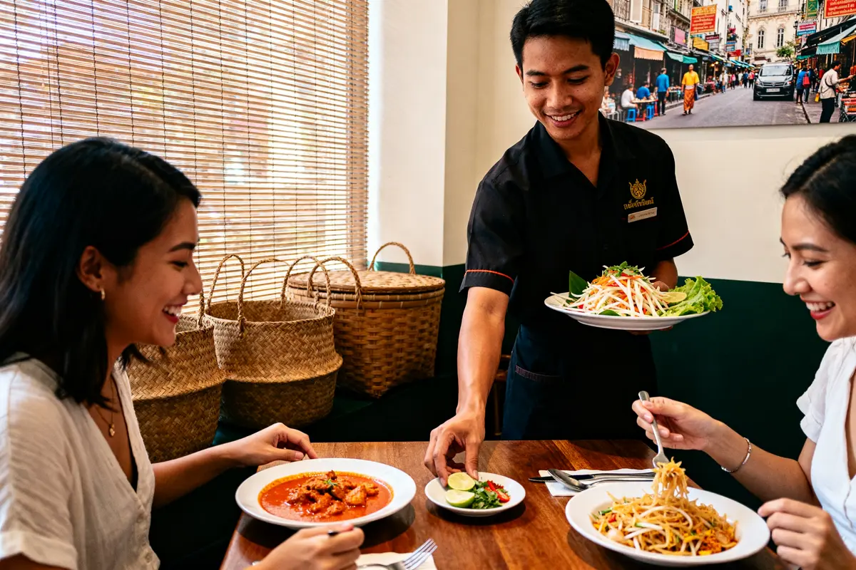 Serveur accueillant clients dans un des meilleurs restaurants thaï à Lyon avec plats traditionnels