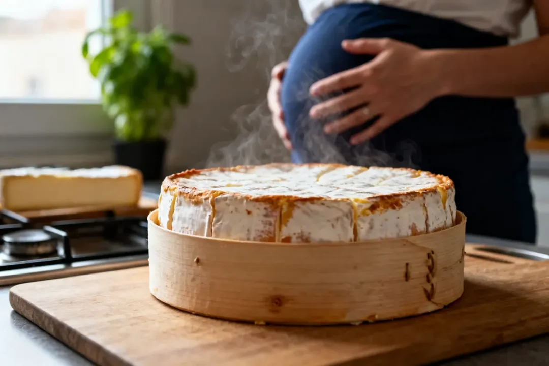 Mont d'or chaud sur planche, femme enceinte en arrière-plan touchant son ventre