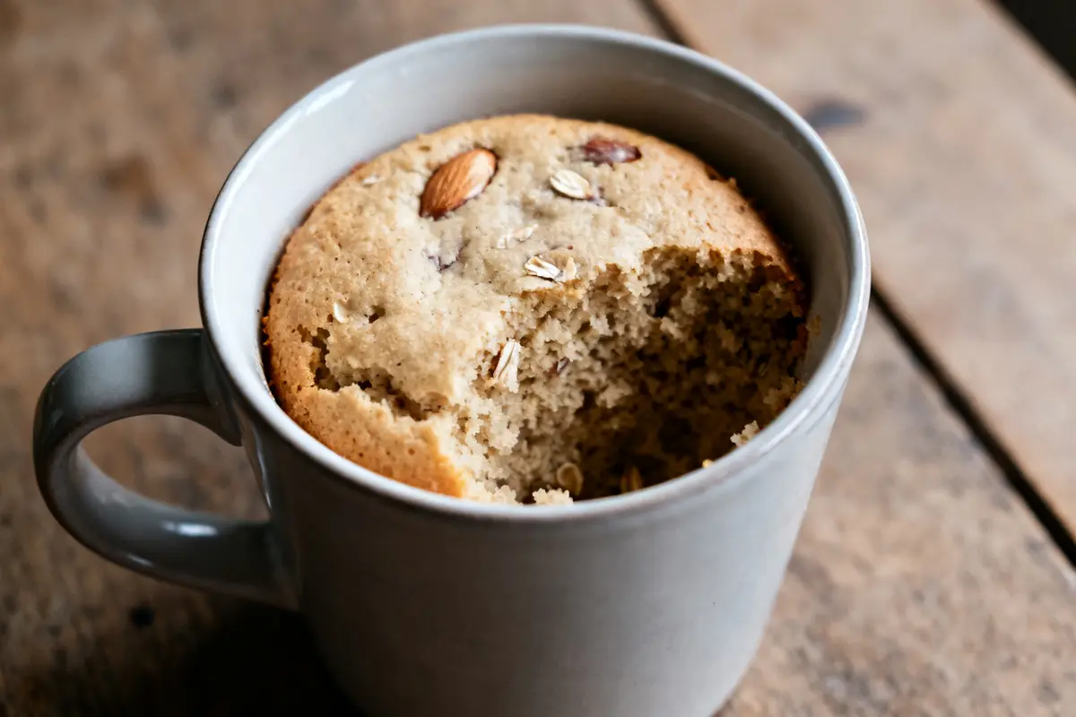 Mug cake sans sucre aux amandes, partiellement entamé, dans une tasse blanche sur table bois