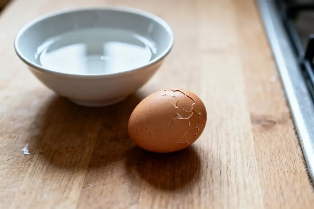 Oeuf périmé fissuré sur table bois près d'un bol d'eau blanche