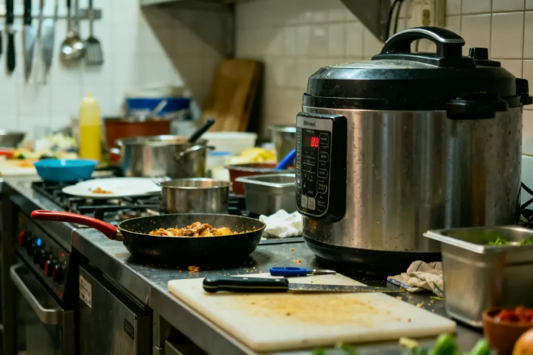 Cuisine encombrée avec omnicuiseur danger posé près de plaques et plats chauds cuire