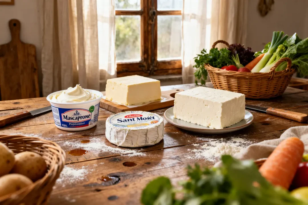Assortiment de fromages et légumes sur table rustique par quoi remplacer le Philadelphia