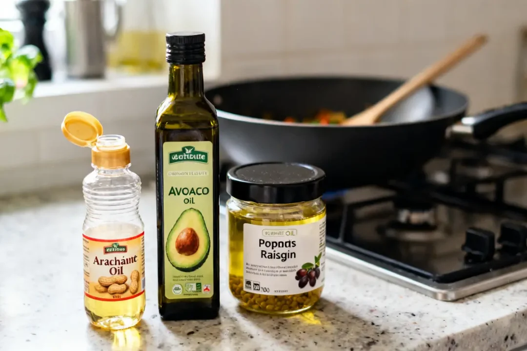 Bouteilles d'huile d'avocat, arachide et raisin sur un comptoir, par quoi remplacer l'huile de sésame
