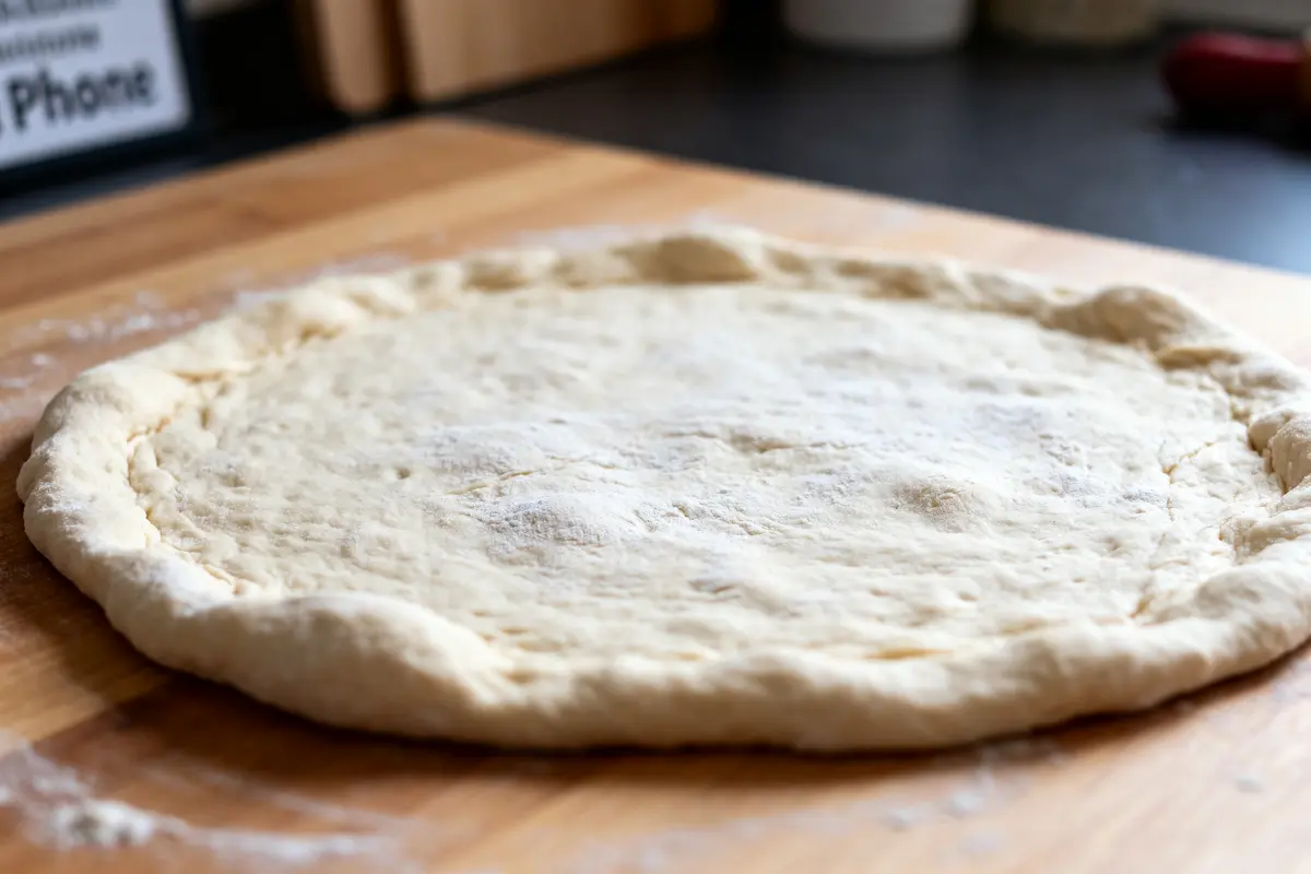 Pâte à pizza sans levure étalée sur une planche en bois prête à cuire