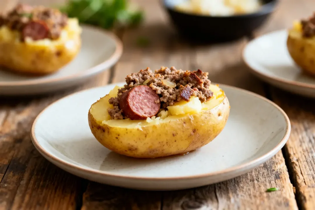 Pomme de terre farcie façon grand-mère avec saucisse et viande hachée sur assiette
