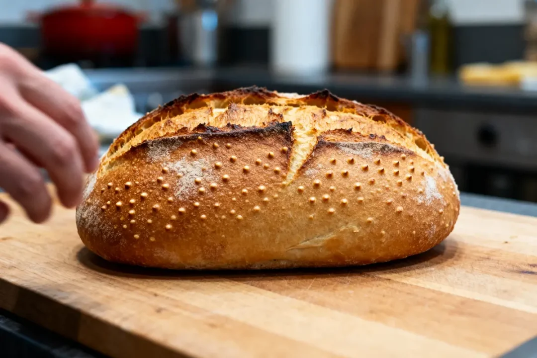 Pain artisanal doré sur planche bois évoquant une recette de grand-mère des canettes