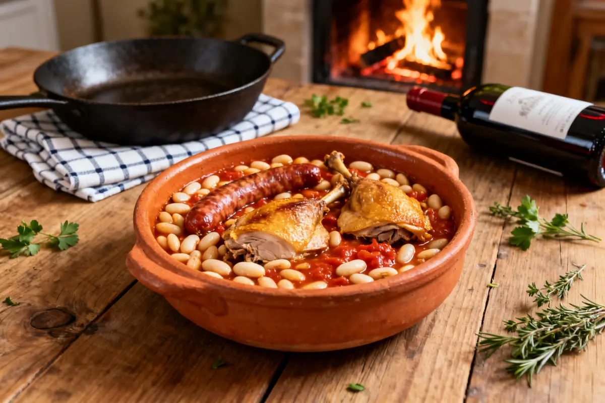 Cassoulet maison traditionnel avec saucisse et poulet, recette de grand-mère du cassoulet maison.