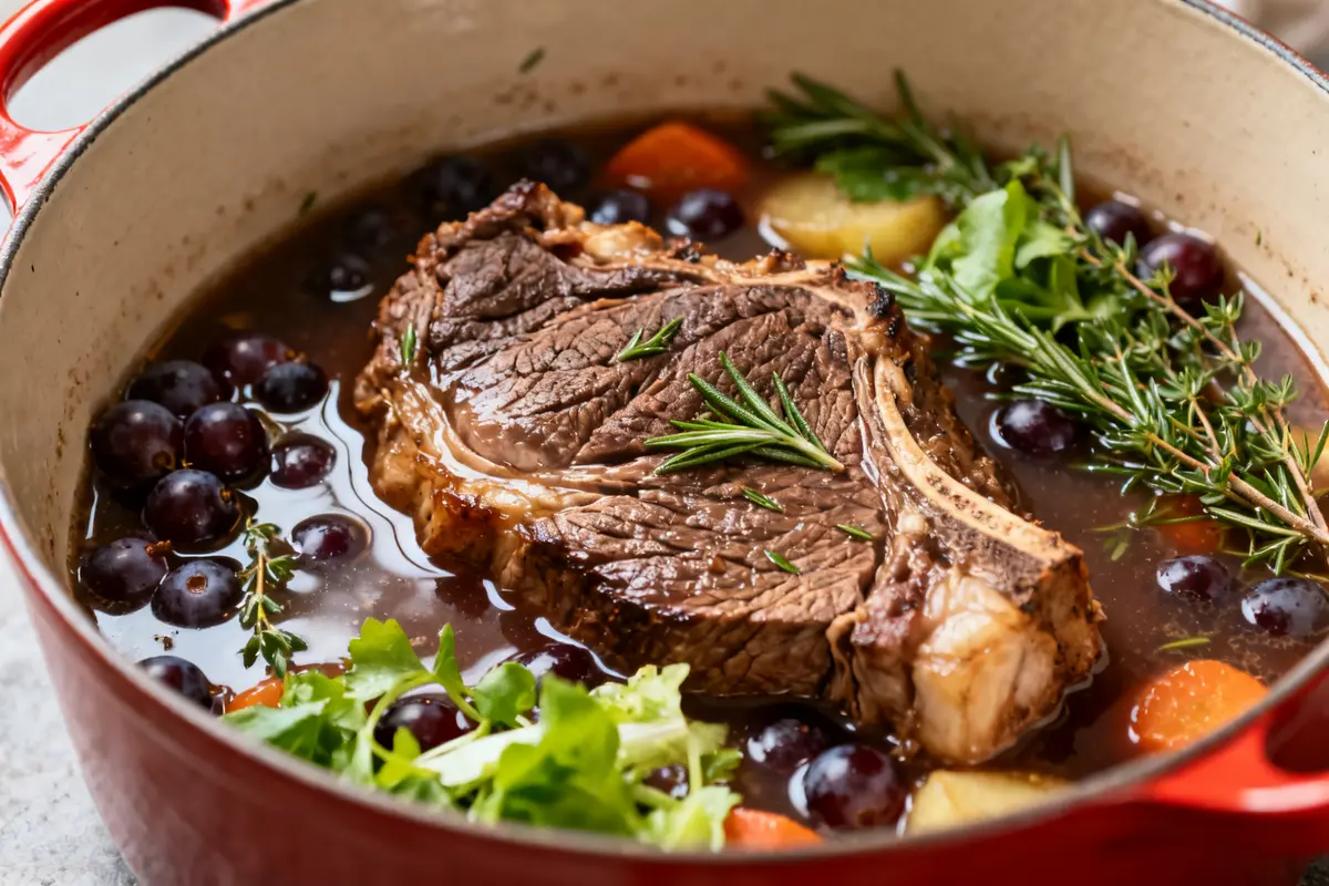 Joue de bœuf mijotée avec légumes et herbes pour recette de joue de bœuf sans vin