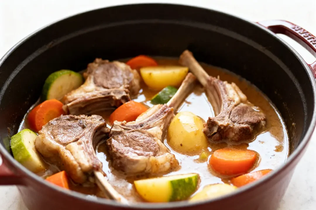 Navarin d'agneau de grand-mère mijoté avec légumes colorés dans une cocotte en fonte.