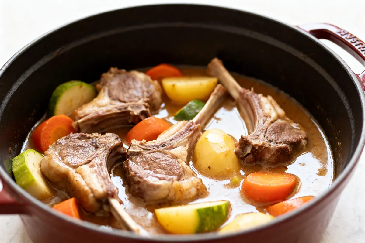 Navarin d'agneau de grand-mère mijoté avec légumes colorés dans une cocotte en fonte.