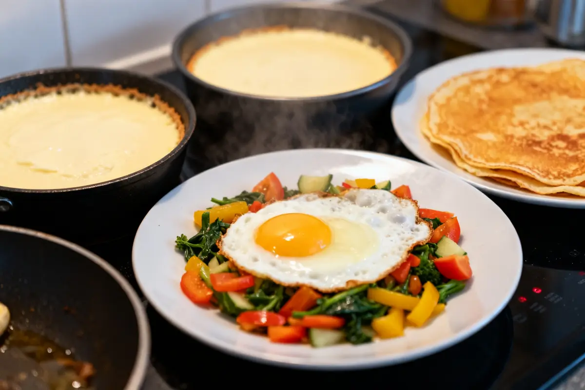 Légumes sautés avec œuf au plat, crêpes et tartes en recette pour écouler des œufs entiers