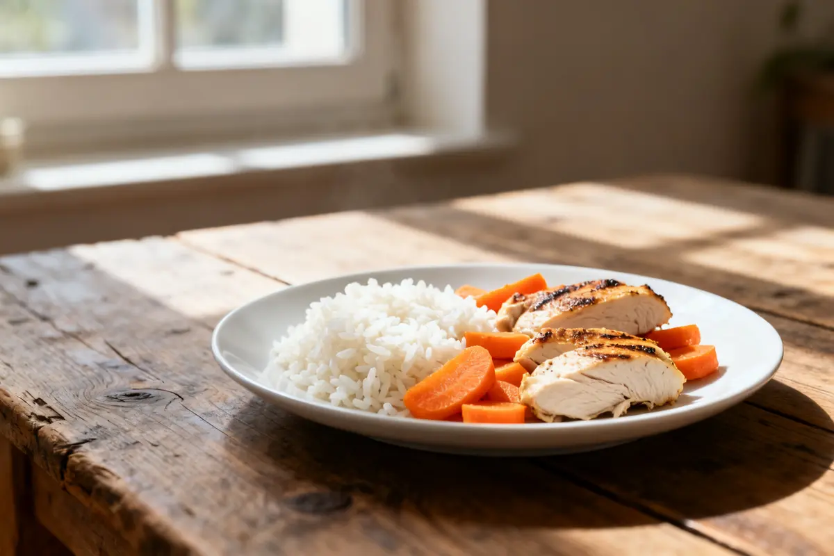 Assiette avec poulet grillé, riz et carottes, adaptée aux recettes pour regime sans residu
