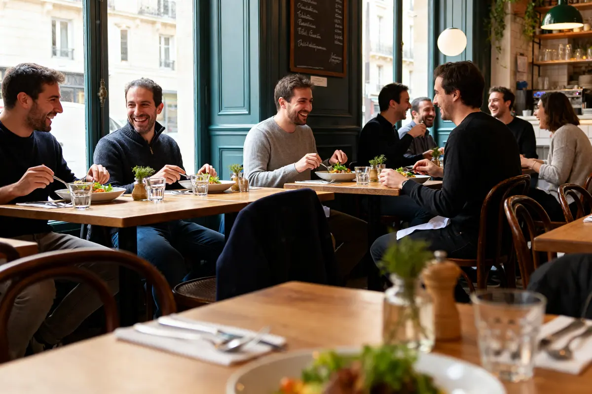 Personnes souriantes dégustant un repas convivial dans un restaurant bistronomique lumineux et accueillant