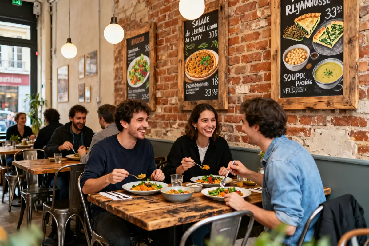 Des amis rient en mangeant dans un restaurant pas cher Lyon avec décor convivial et affiches.