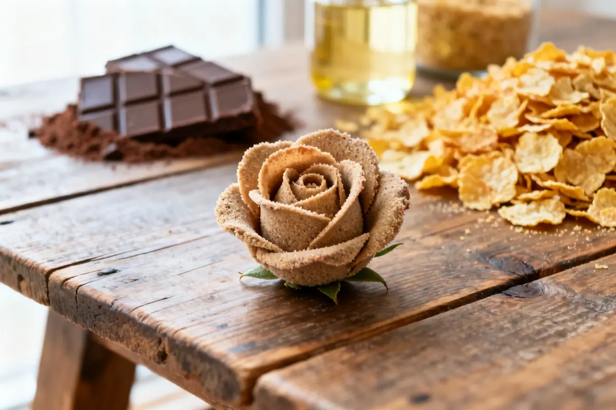 Rose des sables végétaline sur table en bois avec chocolat et céréales corn flakes