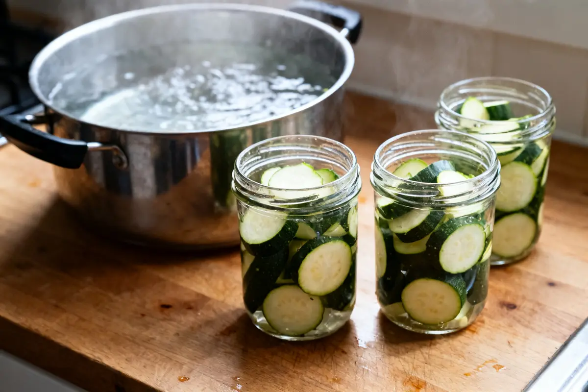 Bocaux de courgettes crues devant marmite pour stériliser des courgettes crues le parfait