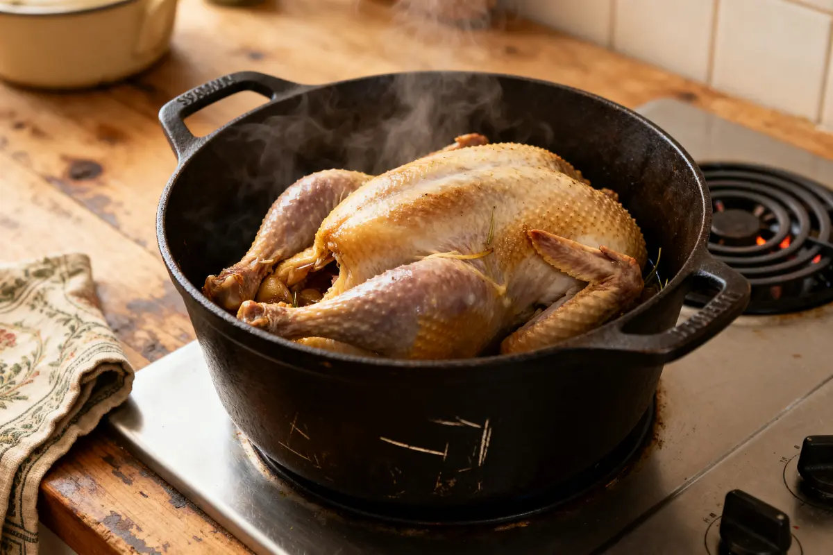 Chapon en cocotte en fonte sur plaque de cuisson illustrant le temps de cuisson optimal