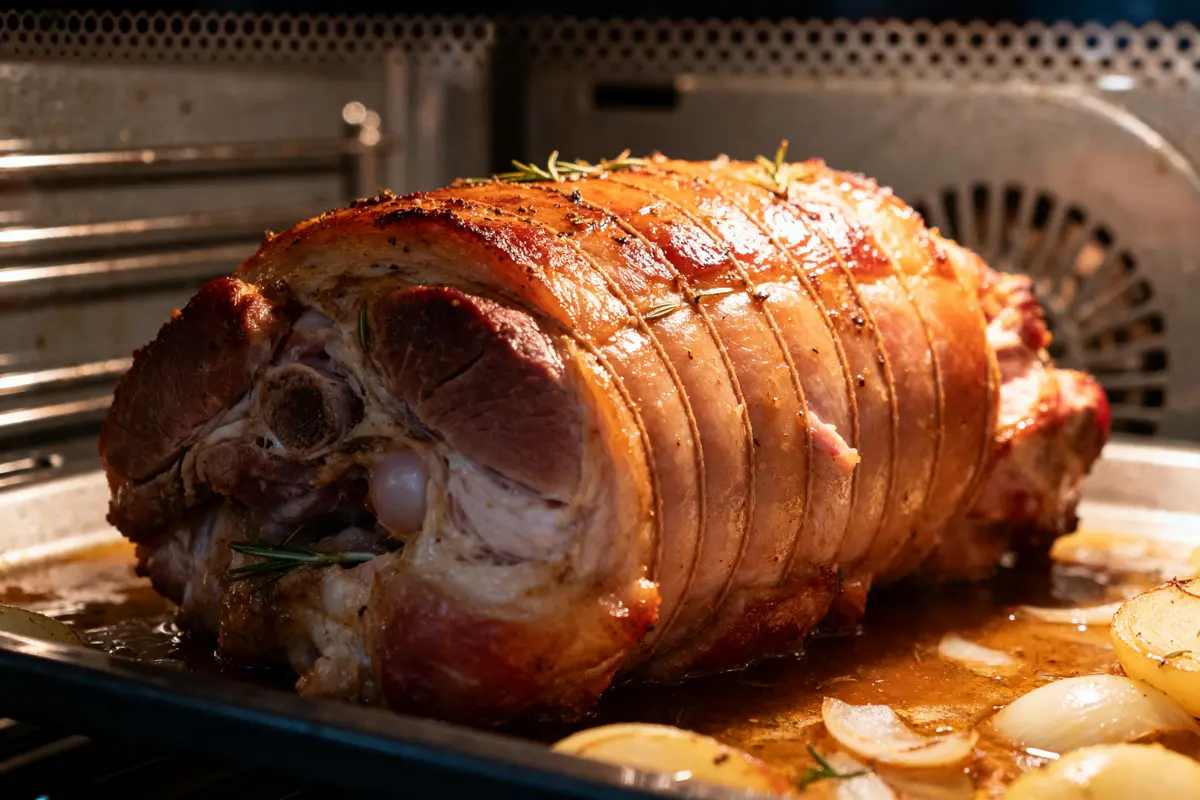 Rôti de porc moelleux cuisant au four avec oignons, illustrant son temps de cuisson optimal