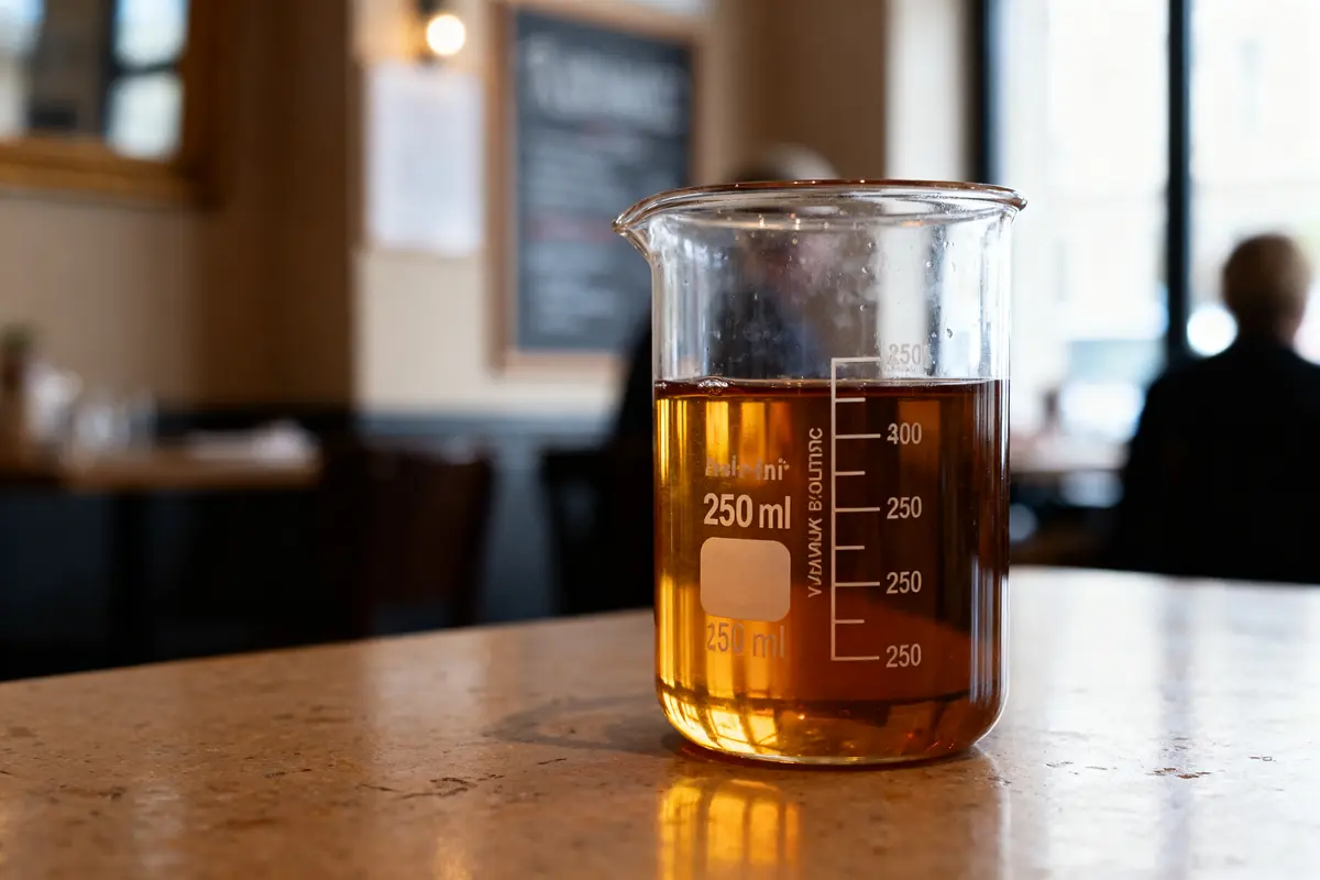 Verre doseur avec liquide ambré indiquant 25 centilitre sur table de café