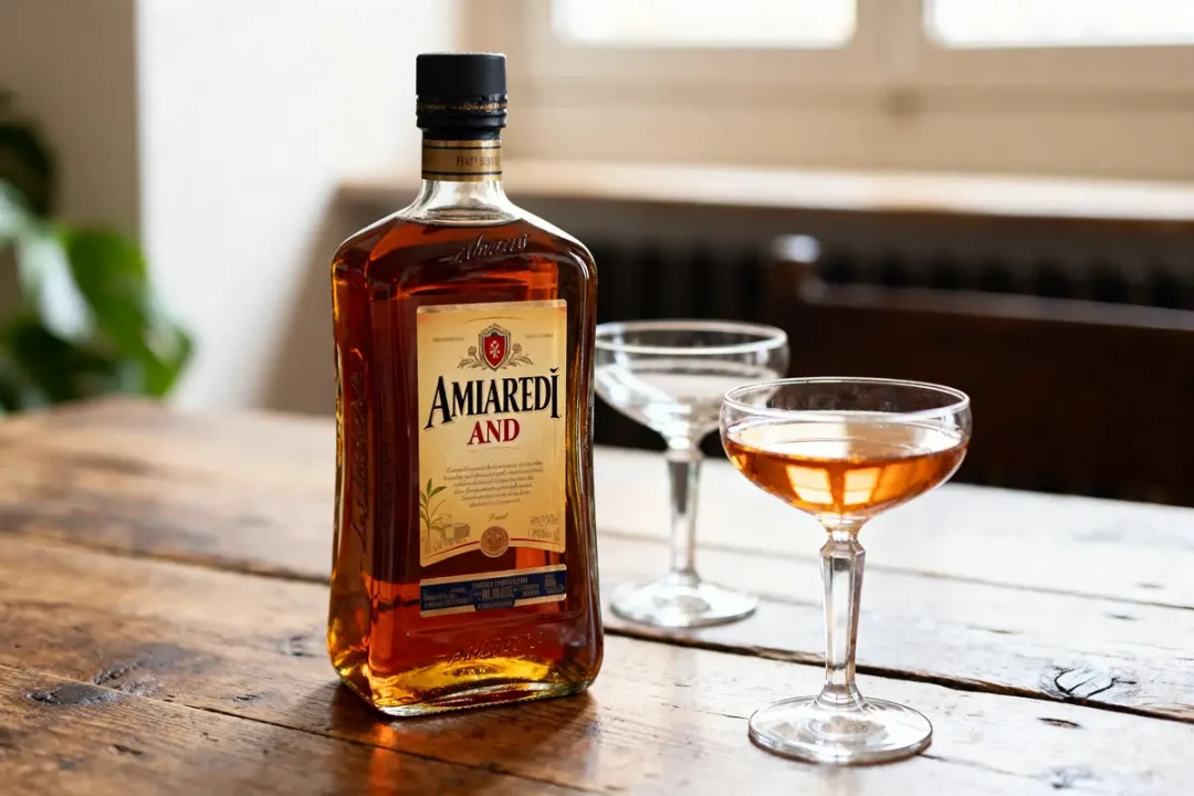 Bouteille Amaretto And avec deux verres cocktail remplis sur table en bois.