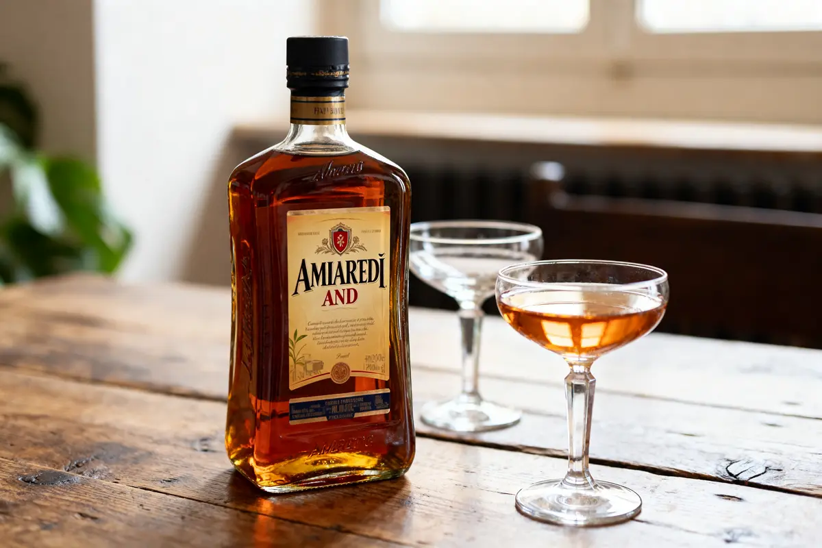 Bouteille Amaretto And avec deux verres cocktail remplis sur table en bois.