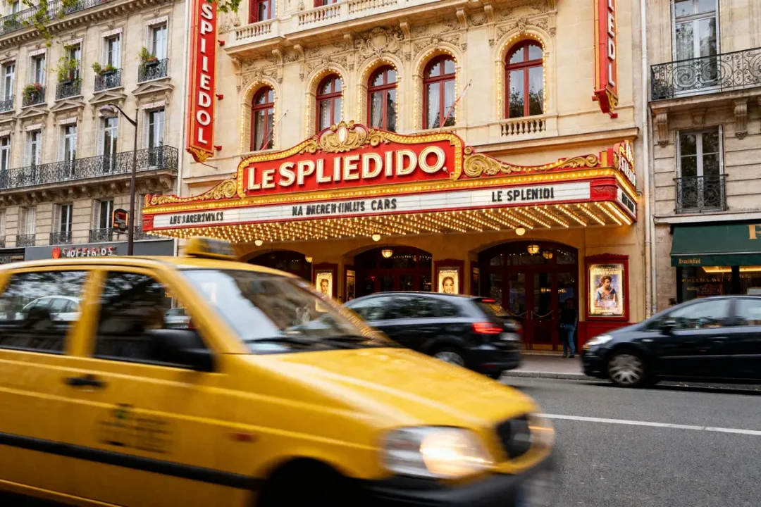 Façade lumineuse du cinéma Le Splendid avec voitures passant devant sur la rue animée