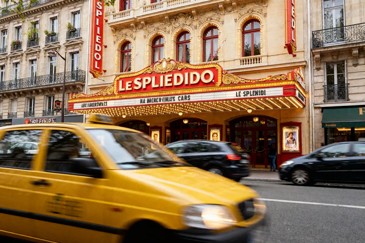 Façade lumineuse du cinéma Le Splendid avec voitures passant devant sur la rue animée