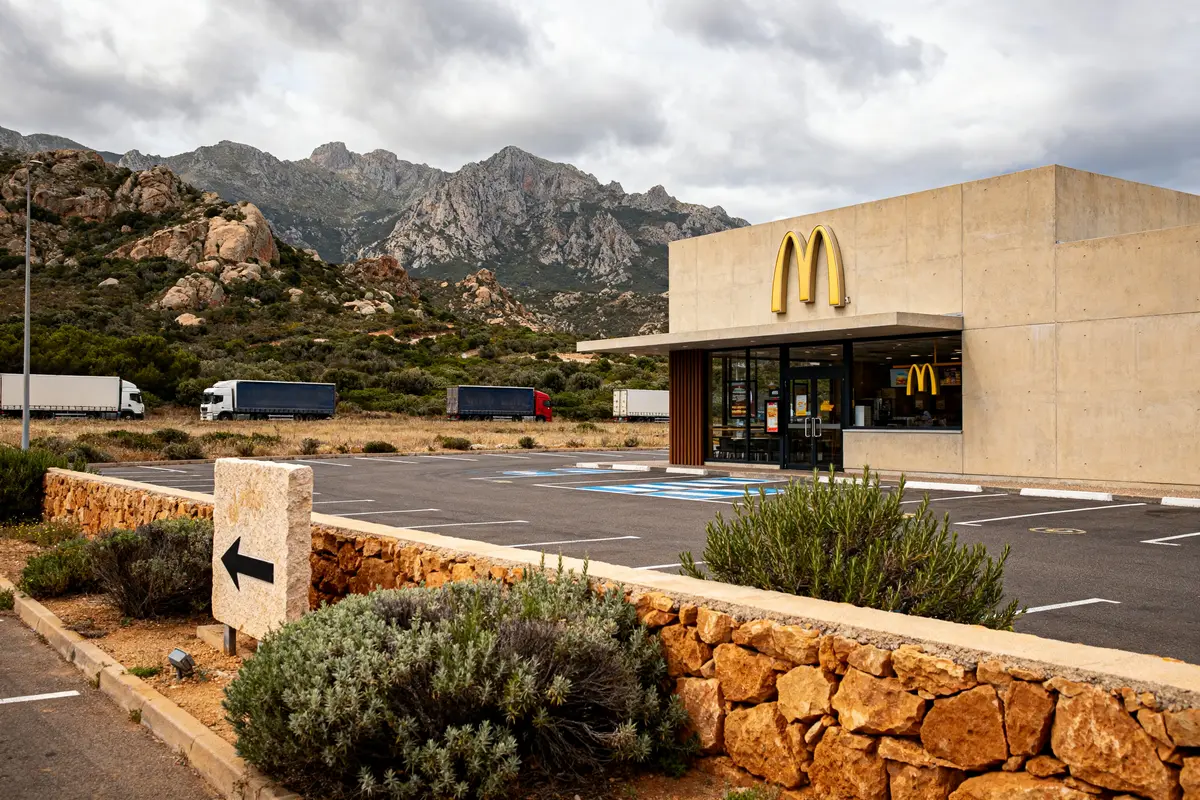 Restaurant McDo en Corse avec montagnes en arrière-plan et parking déserté