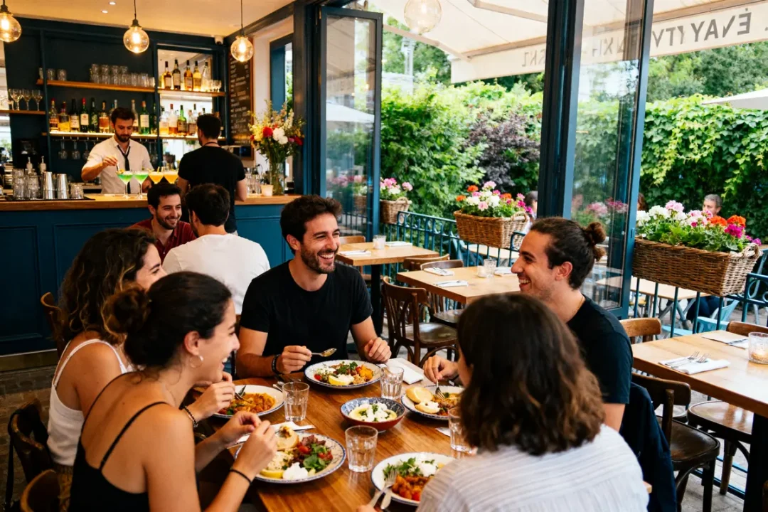 Des amis souriants dînent ensemble dans le restaurant Yaya Lille entouré de verdure et fleurs