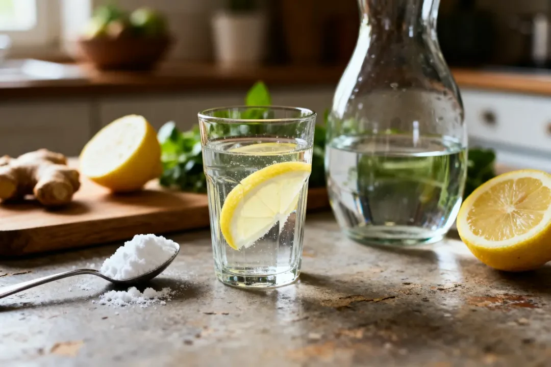 Verre d'eau citronnée avec bicarbonate pour alcaliniser l'eau sur table de cuisine rustique