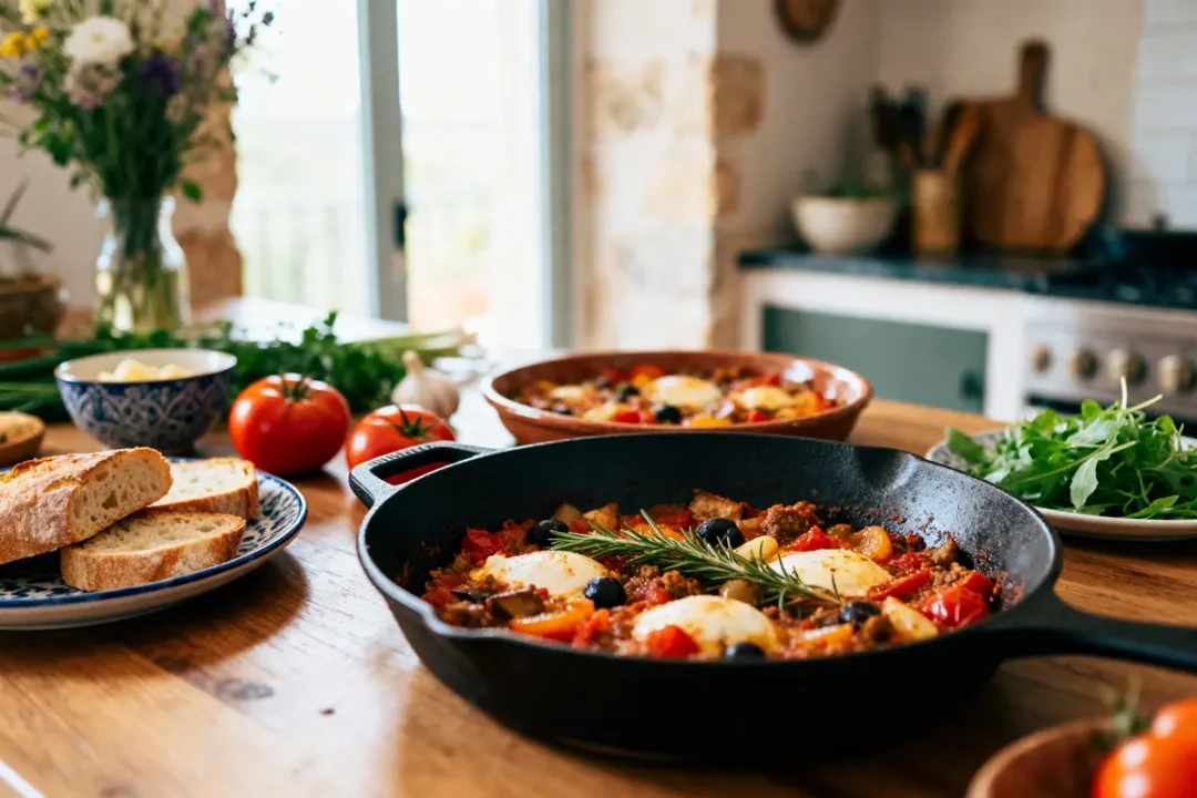 Poêlée méditerranéenne aux œufs du blog recettes de Maria dans une cuisine rustique lumineuse