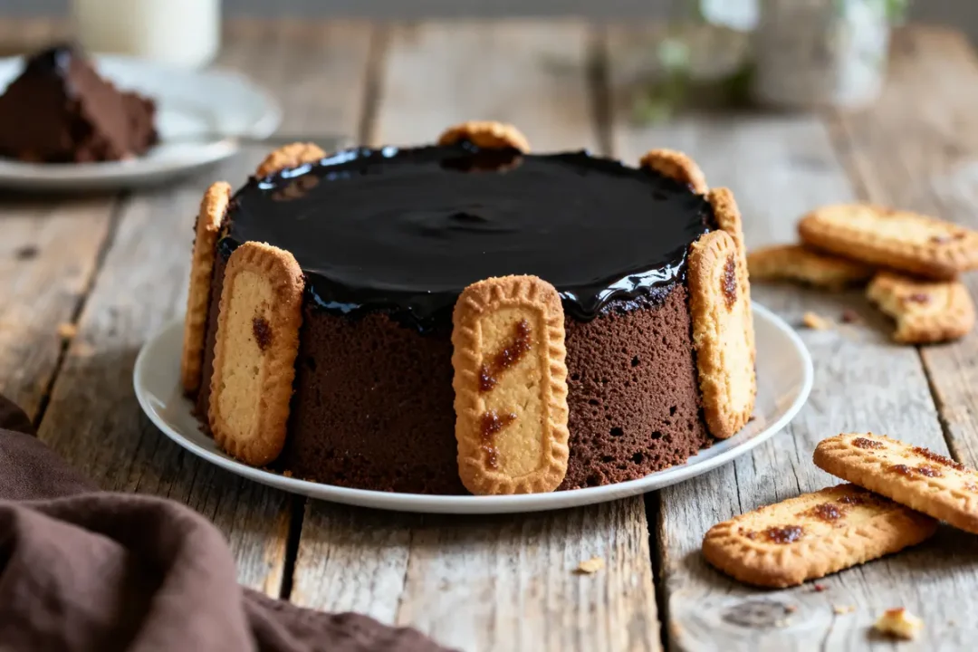 Charlotte au chocolat à faire la veille avec biscuits autour sur table en bois rustique