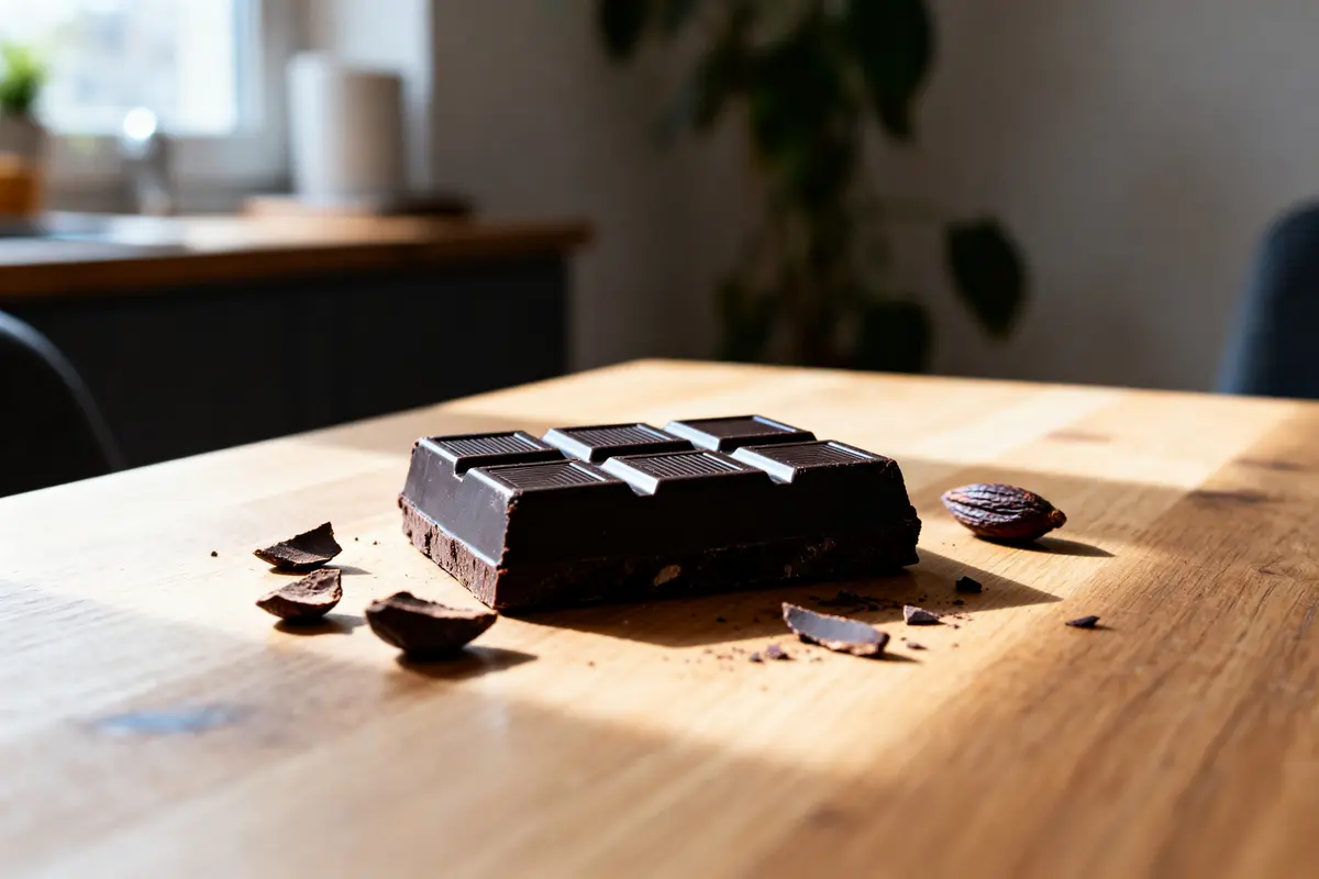 Table en bois avec tablette de chocolat noir en lien avec chocolat et constipation